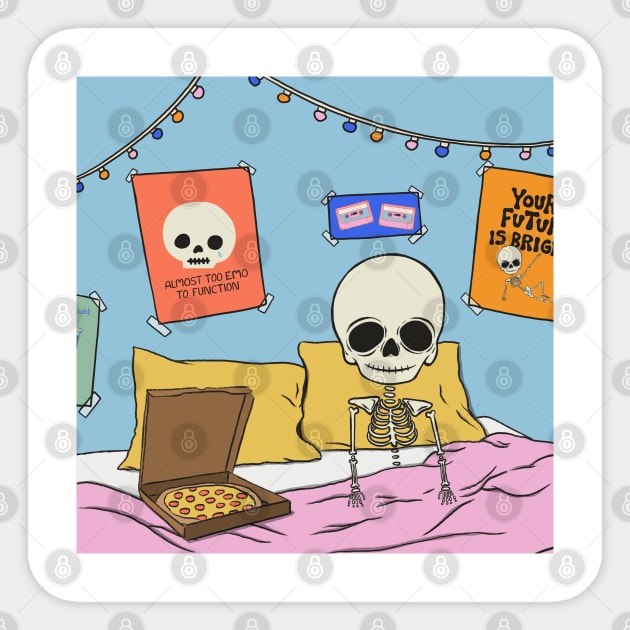 Skeleton Eating Pizza In Bed Sticker by cecececececelia